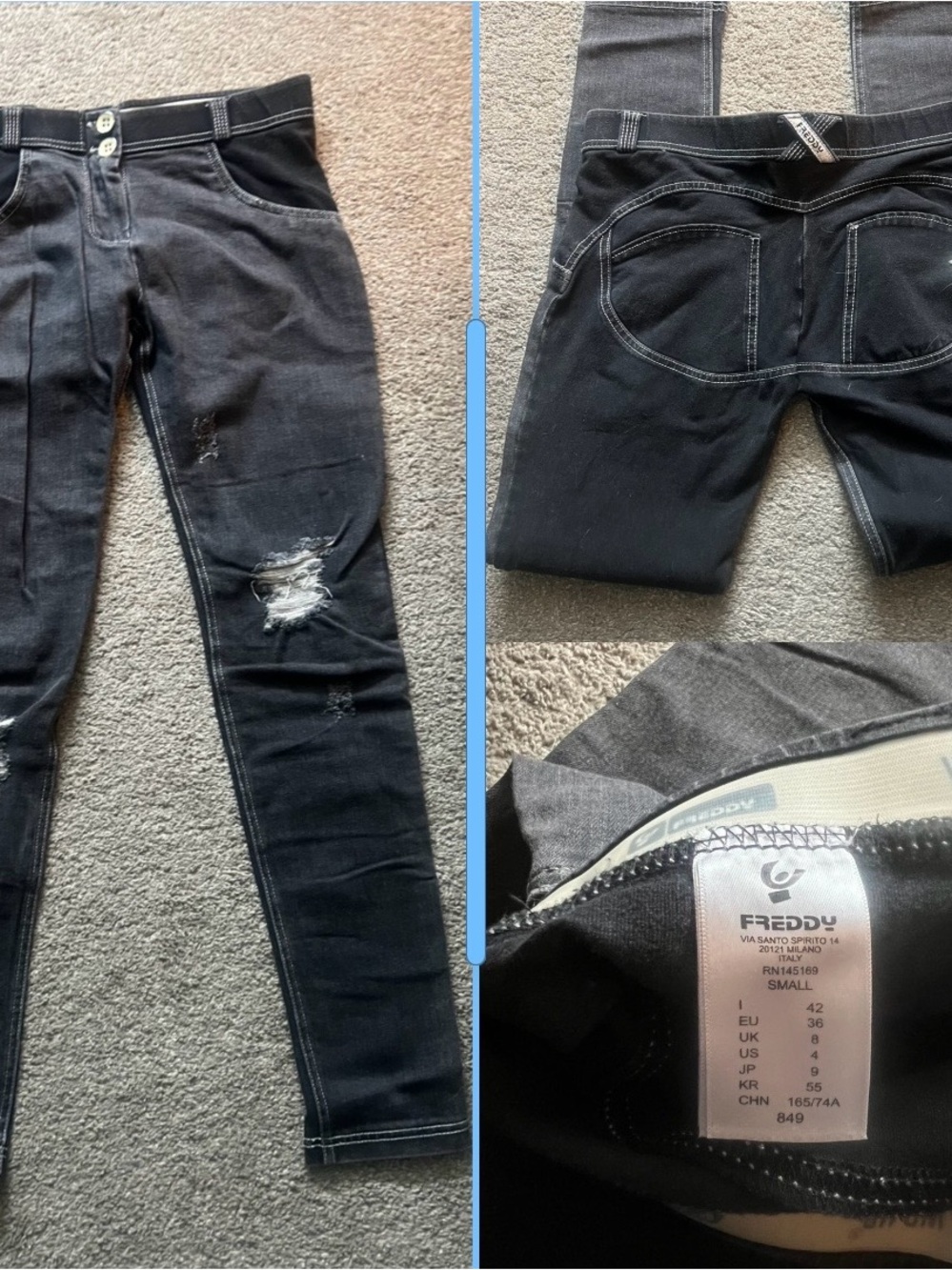 Freddy Black Distressed Skinny Leggings with Contrast Topstitching